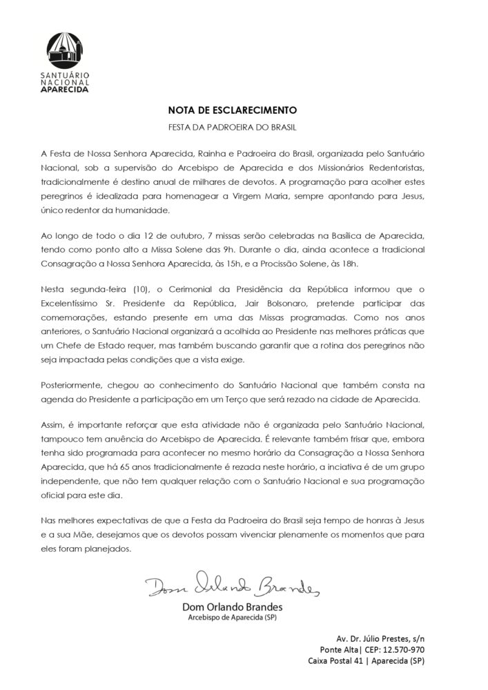 Nota de Esclarecimento - Santuário Nacional de Aparecida